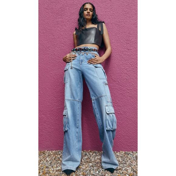 NEW Alice + Olivia Cay Cargo Jeans Wide Leg Mid Rise Utility Brea Blue Size 26 - Picture 11 of 16